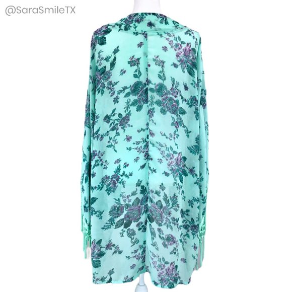 ENTRO Boho Mint Green Floral Print Tassel Fringe Midi Length Kimono - Picture 6 of 8
